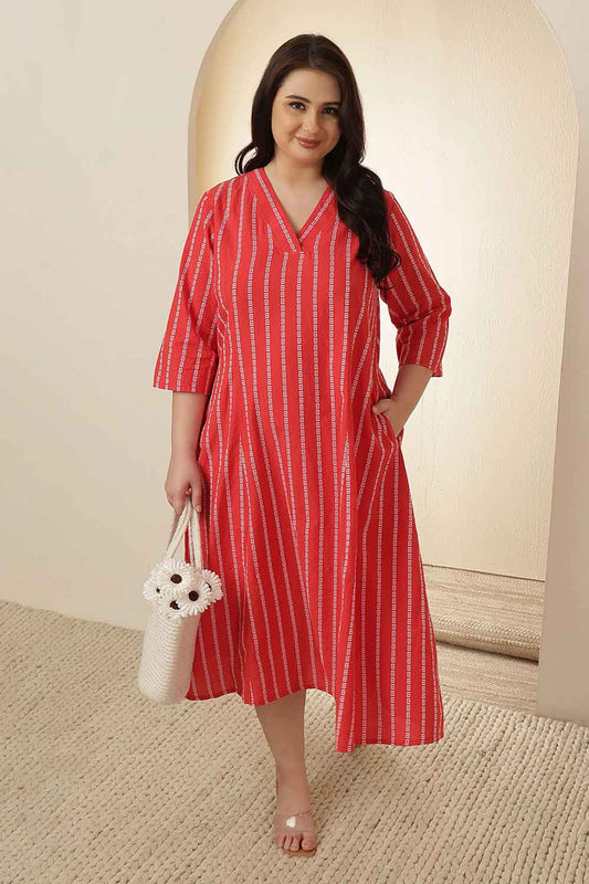 Plus Size Red Stripe Cotton Midi Dress