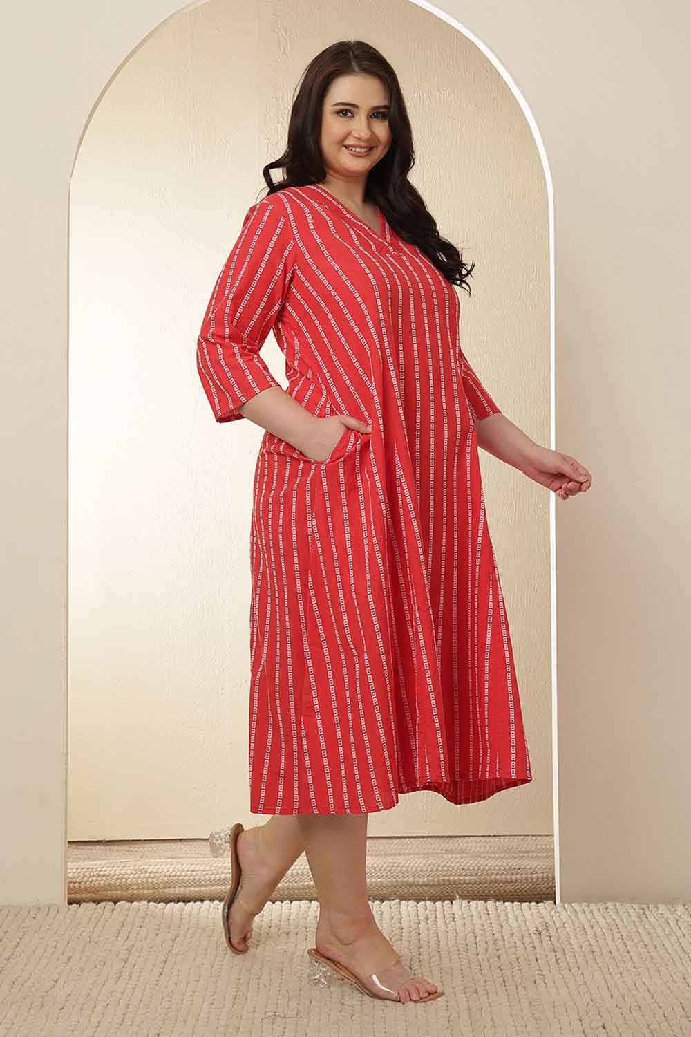 Plus Size Red Stripe Cotton Midi Dress