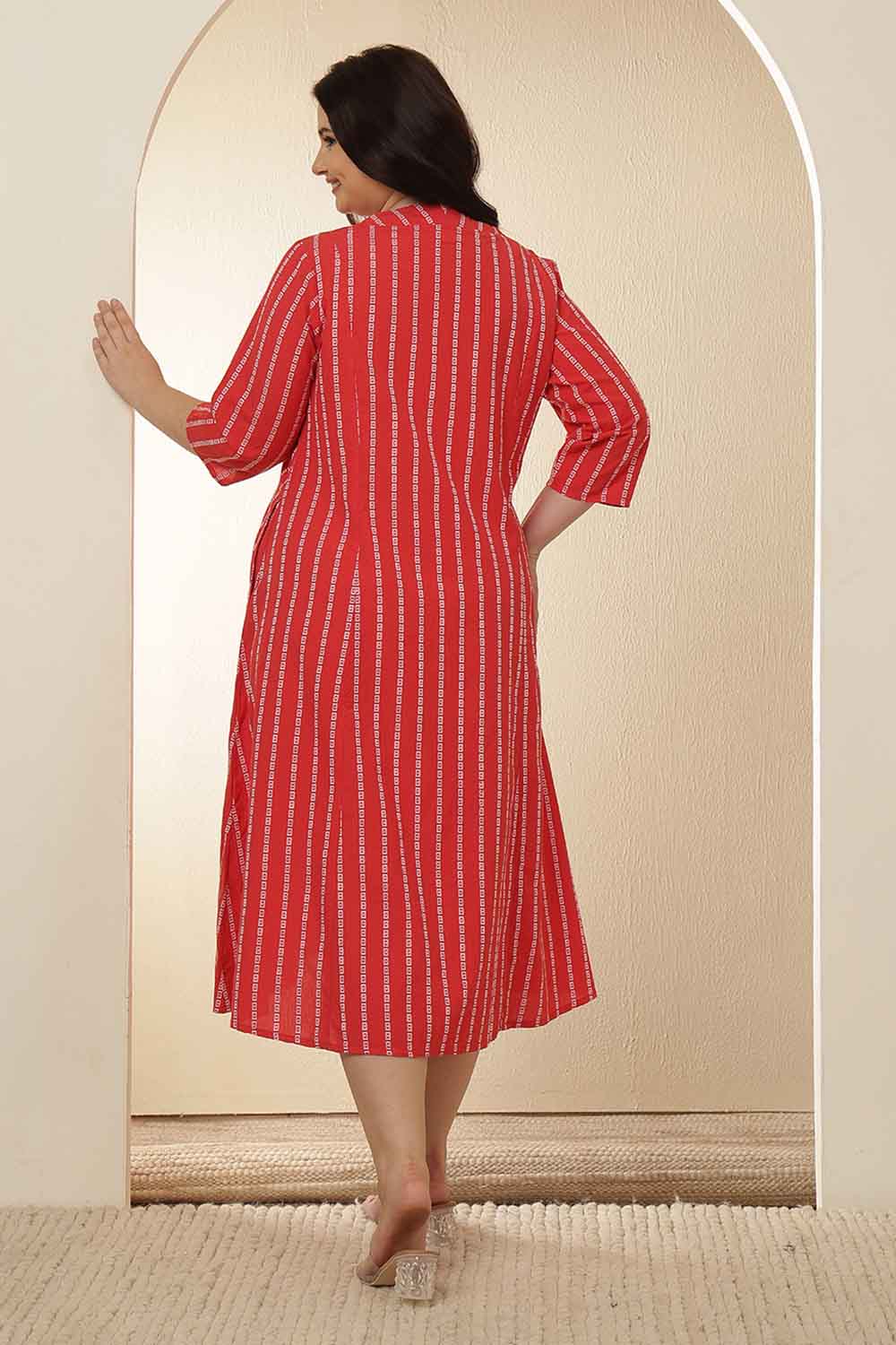 Plus Size Red Stripe Cotton Midi Dress