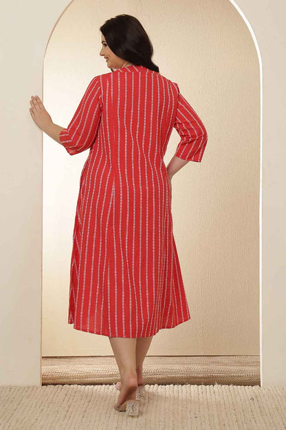 Plus Size Red Stripe Cotton Midi Dress
