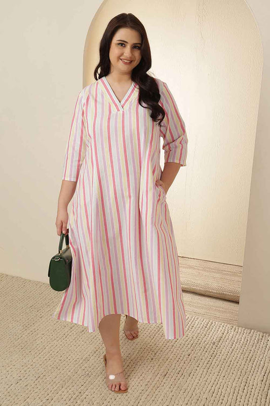 Plus Size White and Pink Vertical Stripe Cotton Dress