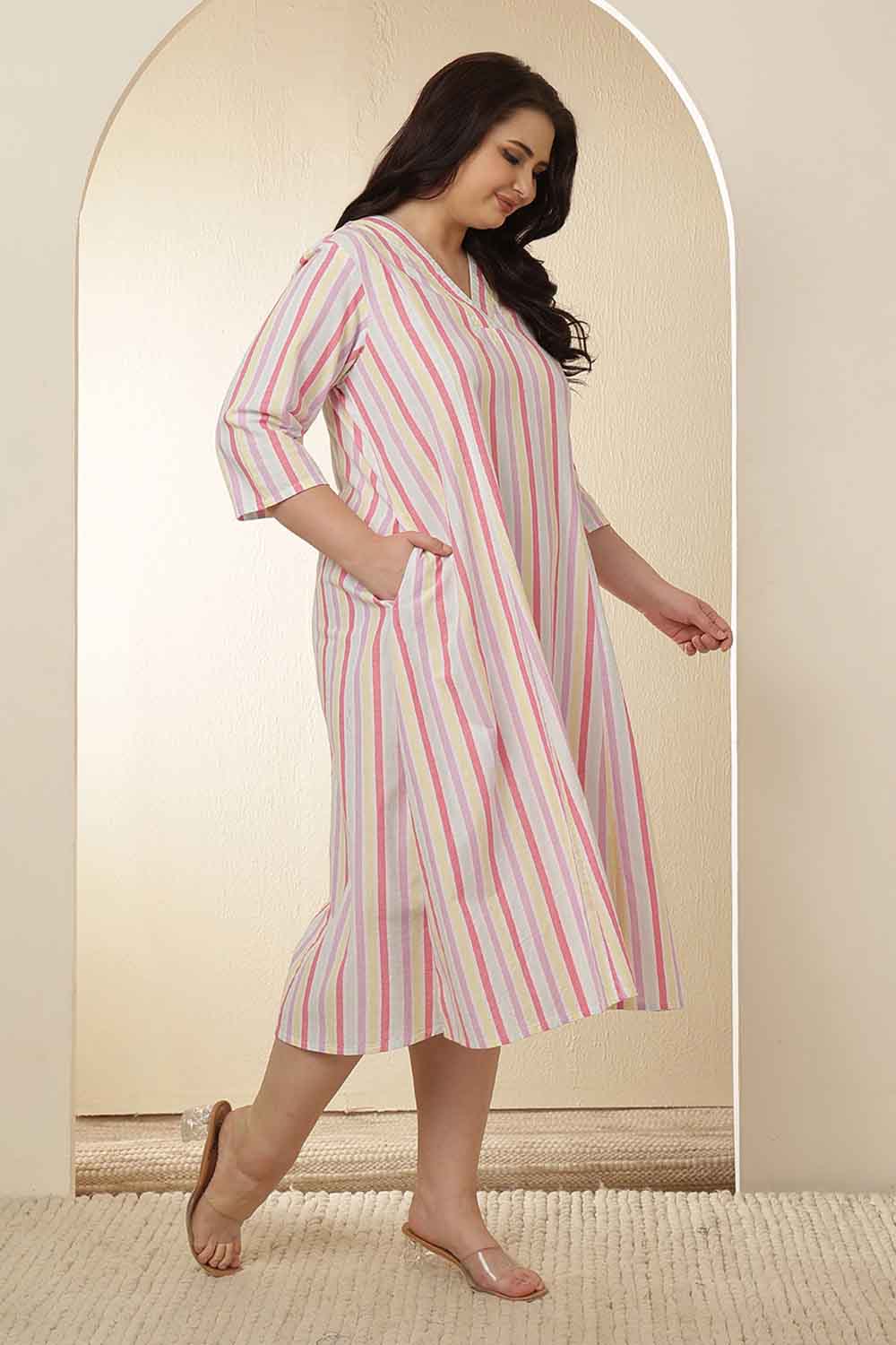 Plus Size White and Pink Vertical Stripe Cotton Dress