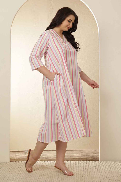 Plus Size White and Pink Vertical Stripe Cotton Dress