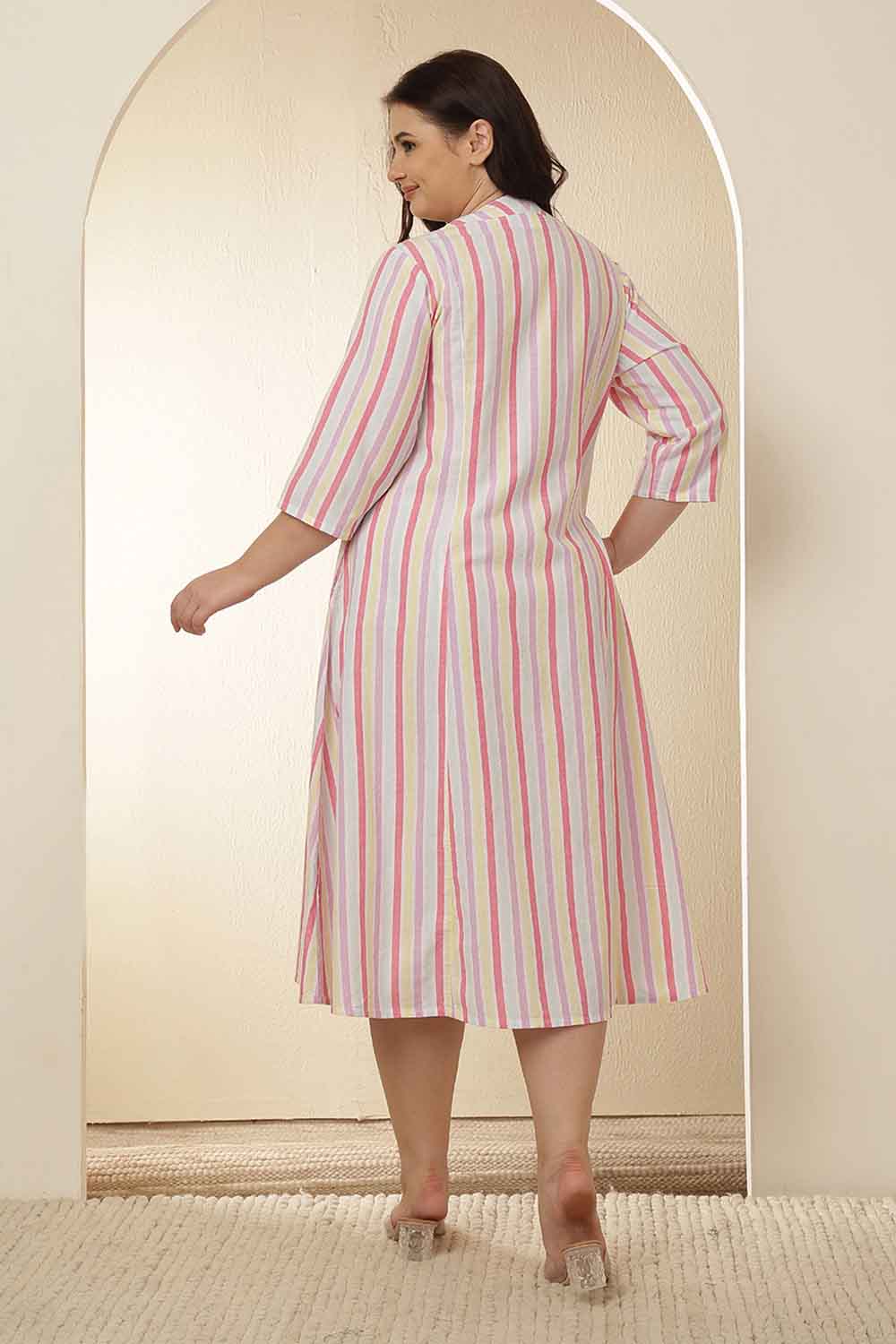 Plus Size White and Pink Vertical Stripe Cotton Dress