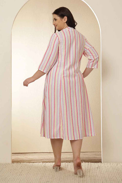 Plus Size White and Pink Vertical Stripe Cotton Dress