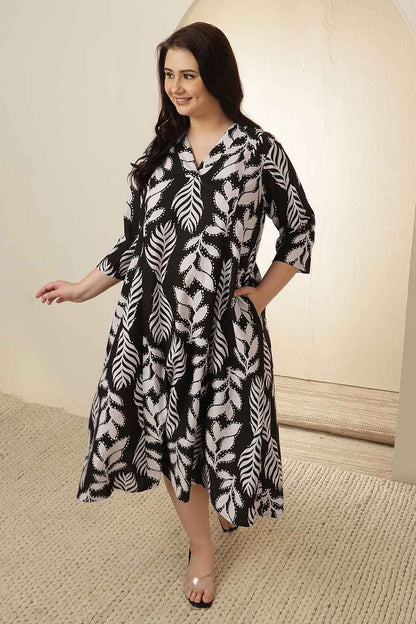 Plus Size Black & White Leaf Print Cotton Midi Dress