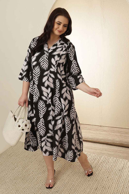 Plus Size Black & White Leaf Print Cotton Midi Dress