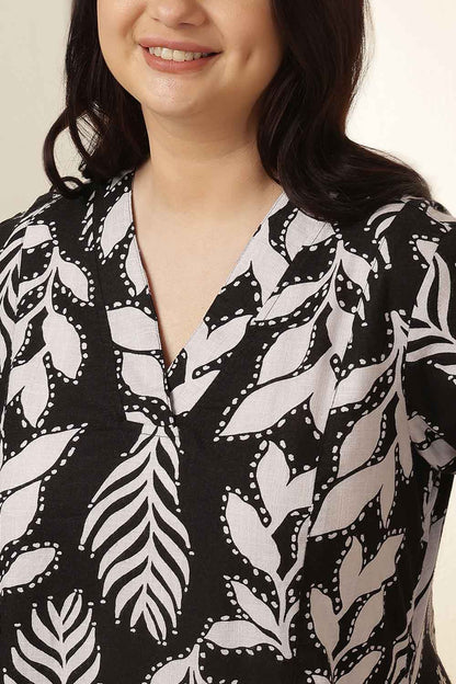 Plus Size Black & White Leaf Print Cotton Midi Dress
