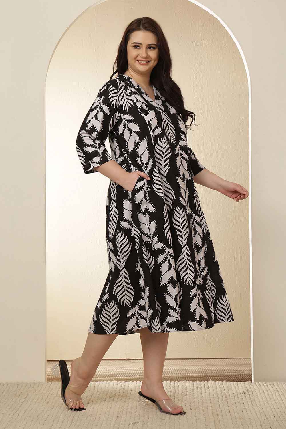 Plus Size Black & White Leaf Print Cotton Midi Dress