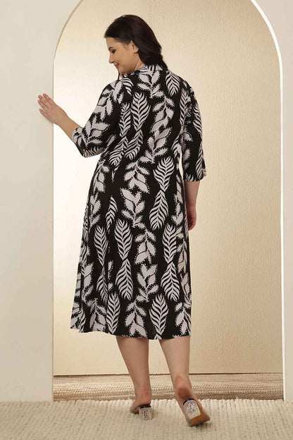 Plus Size Black & White Leaf Print Cotton Midi Dress