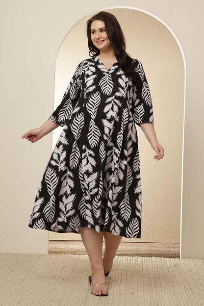 Plus Size Black & White Leaf Print Cotton Midi Dress