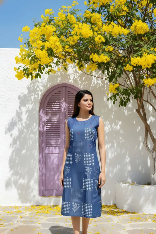 Blue Denim Dress With Block Print And Embellishment