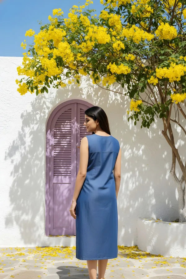 Blue Denim Dress With Block Print And Embellishment