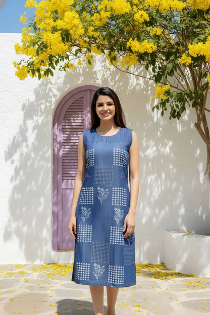 Blue Denim Dress With Block Print And Embellishment