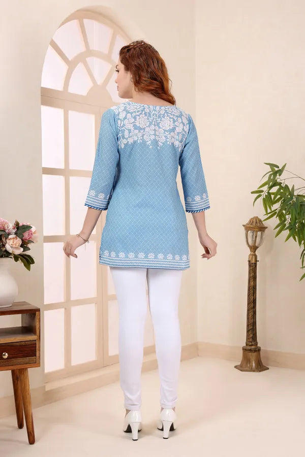 Blue Cotton Short Kurti Tunic Top With Chikankari Print for Women