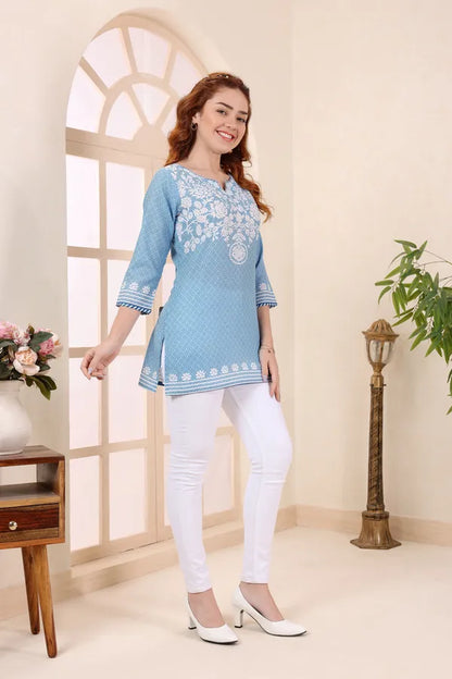 Blue Cotton Short Kurti Tunic Top With Chikankari Print for Women