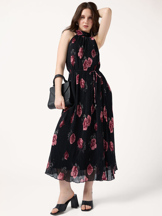 Black Halter Neck Floral Printed Dress