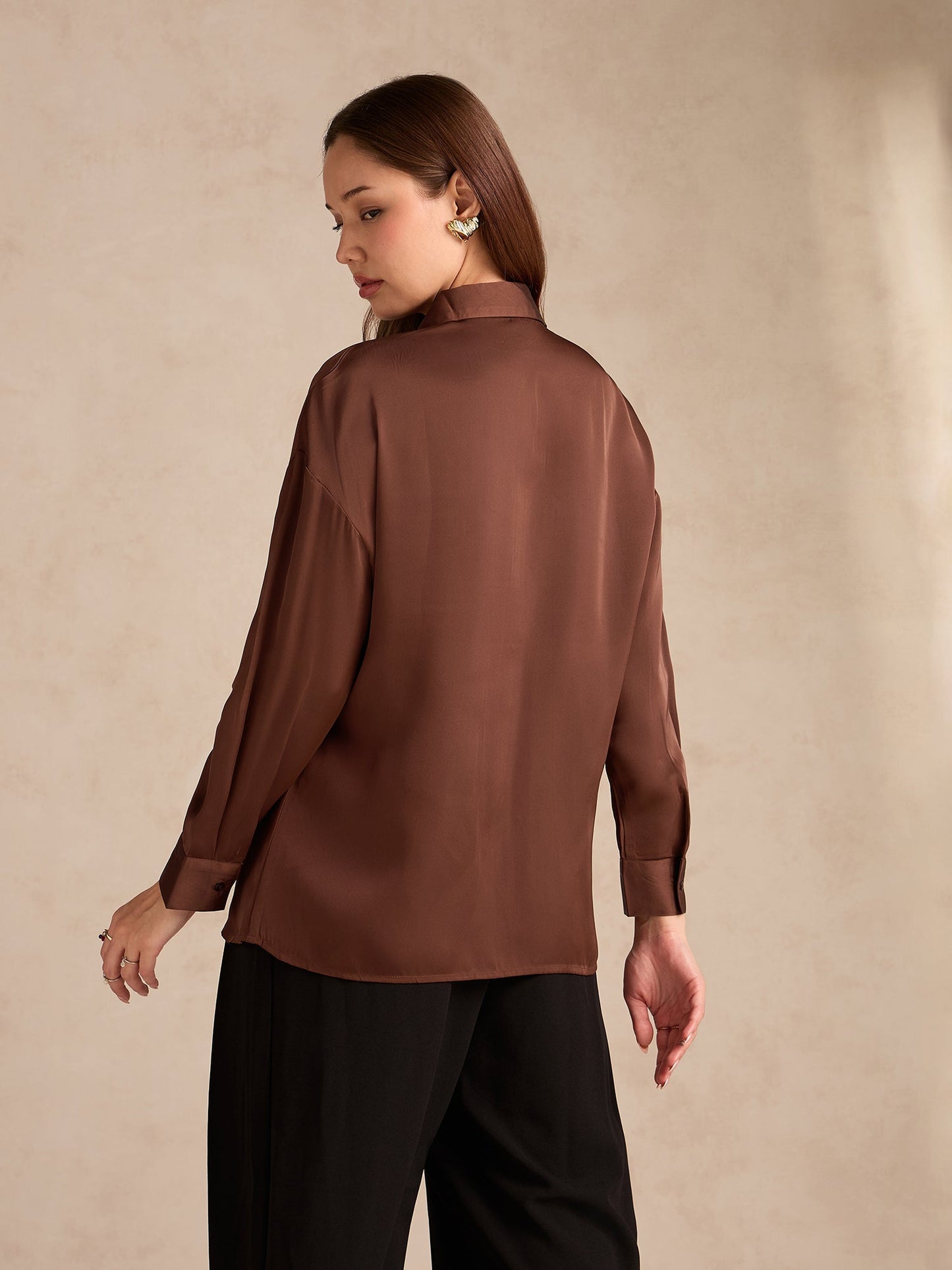 Brown Oversized Embroidered Satin Shirt