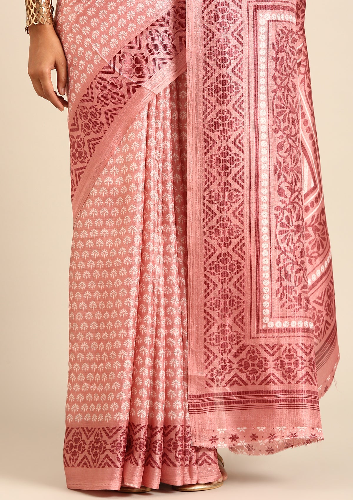 Dusty Pink Butti Printed Art Tussar Matka Silk Saree
