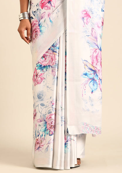 Lavender A/O Floral Printed Satin Saree