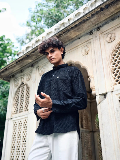Black Texture Weave Short Kurta