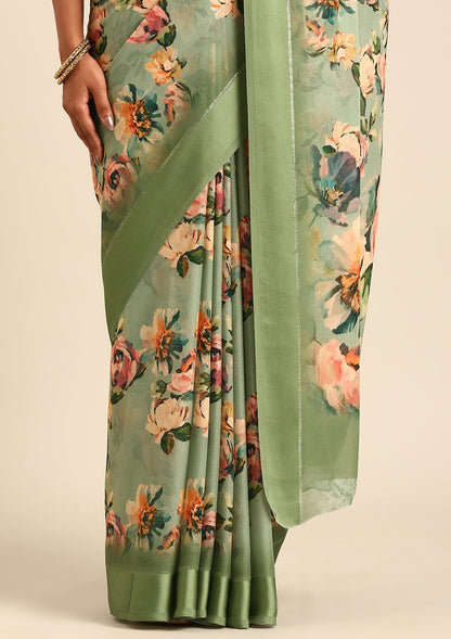 Dusty Green Floral Printed Georgette Saree