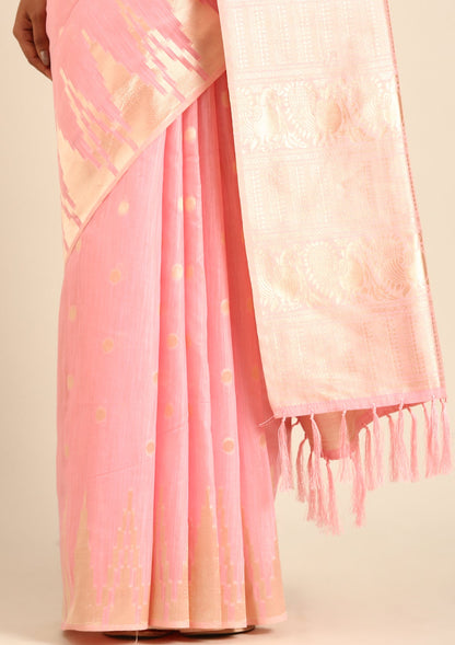 Pastel Pink Traditional Temple Pattern Tussar Saree