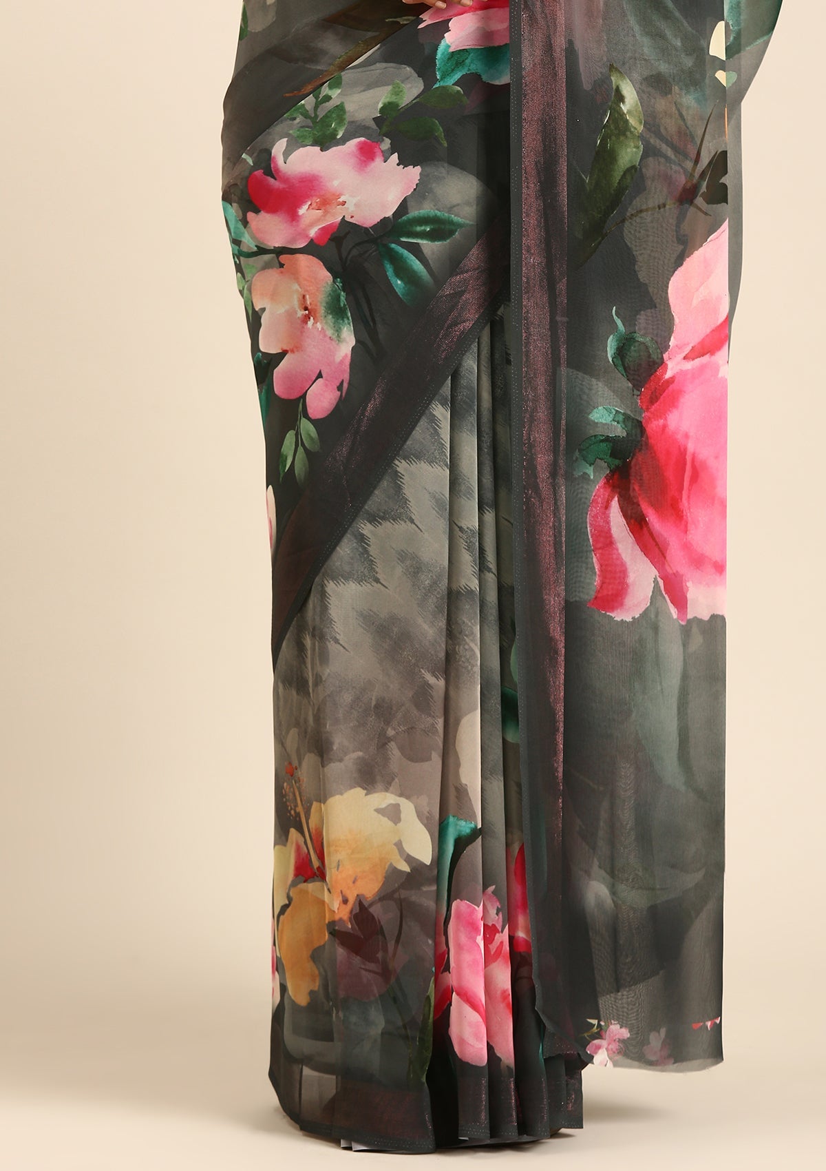 Grey Multicolor Floral Digital Printed Georgette Saree