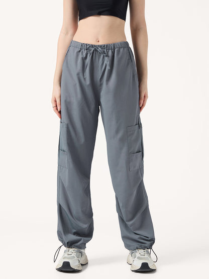 Grey Cargo Pockets Drawstring Wid Leg Trouser