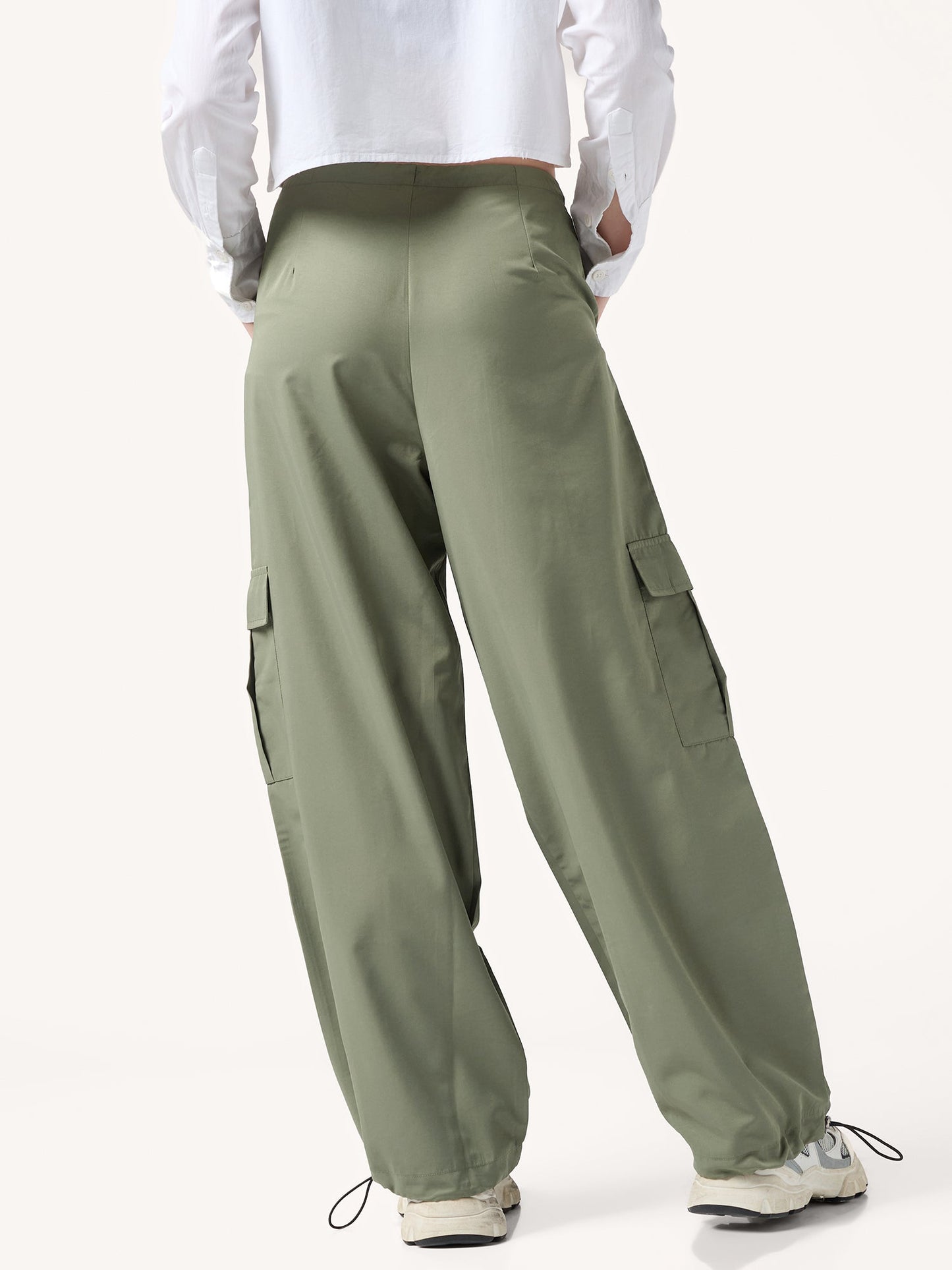 Olive Cargo Pockets Drawstring Wid Leg Trouser