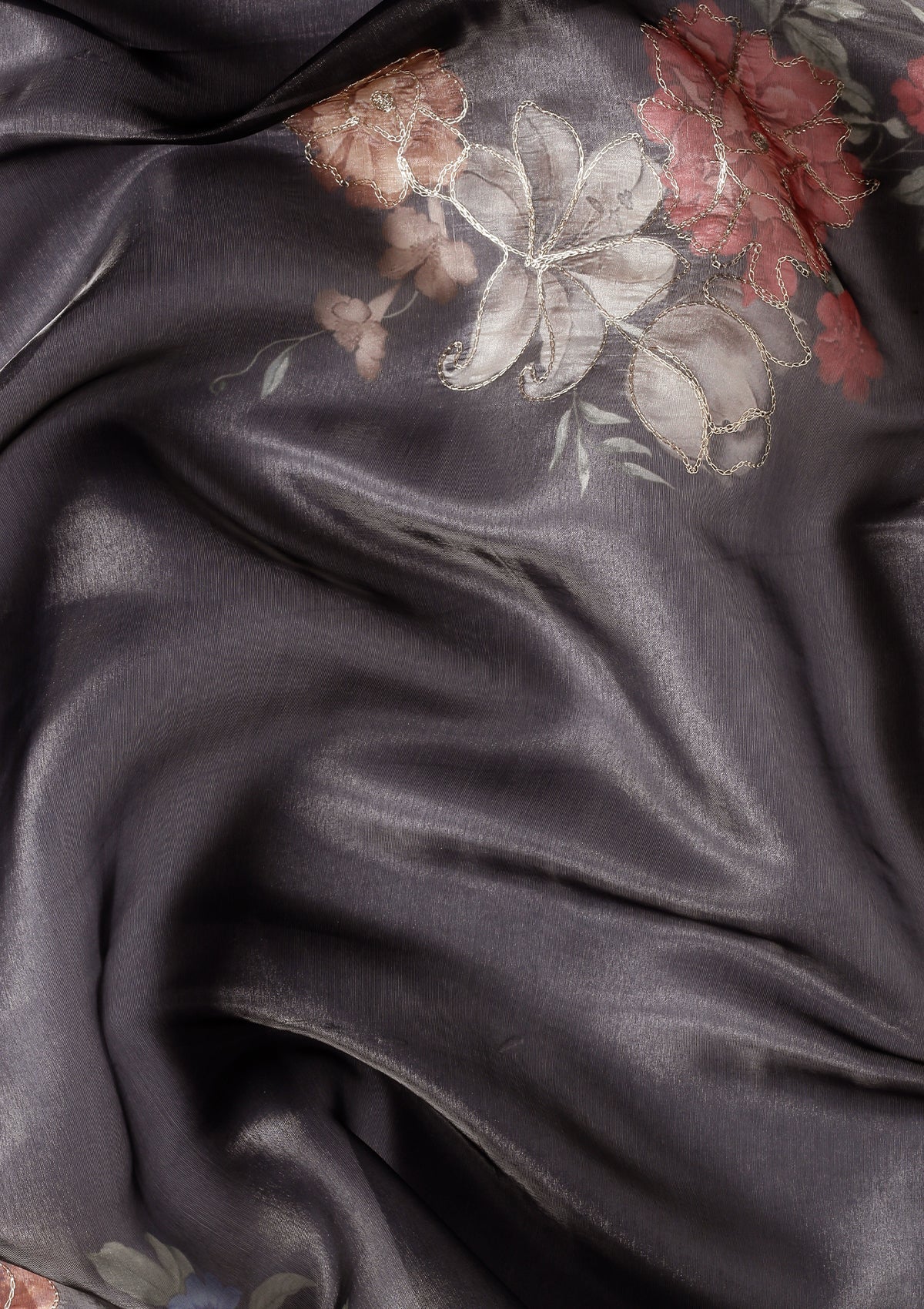 Metallic Charcoal Printed And EmbroideRed Organza Saree