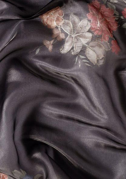 Metallic Charcoal Printed And EmbroideRed Organza Saree