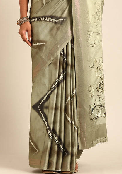 Sage Green Zigzag Leheriya Printed Satin Saree