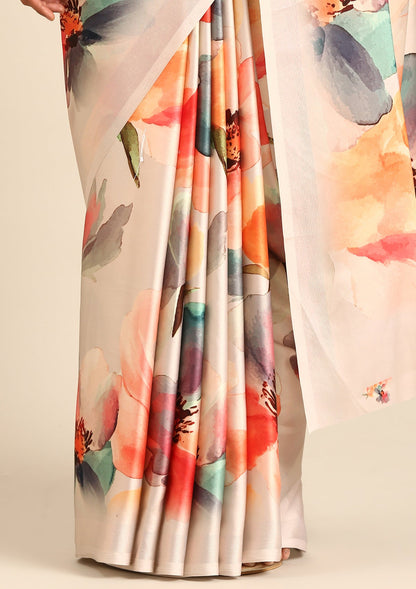 Beige Watercolor Floral Digital Printed Satin Saree