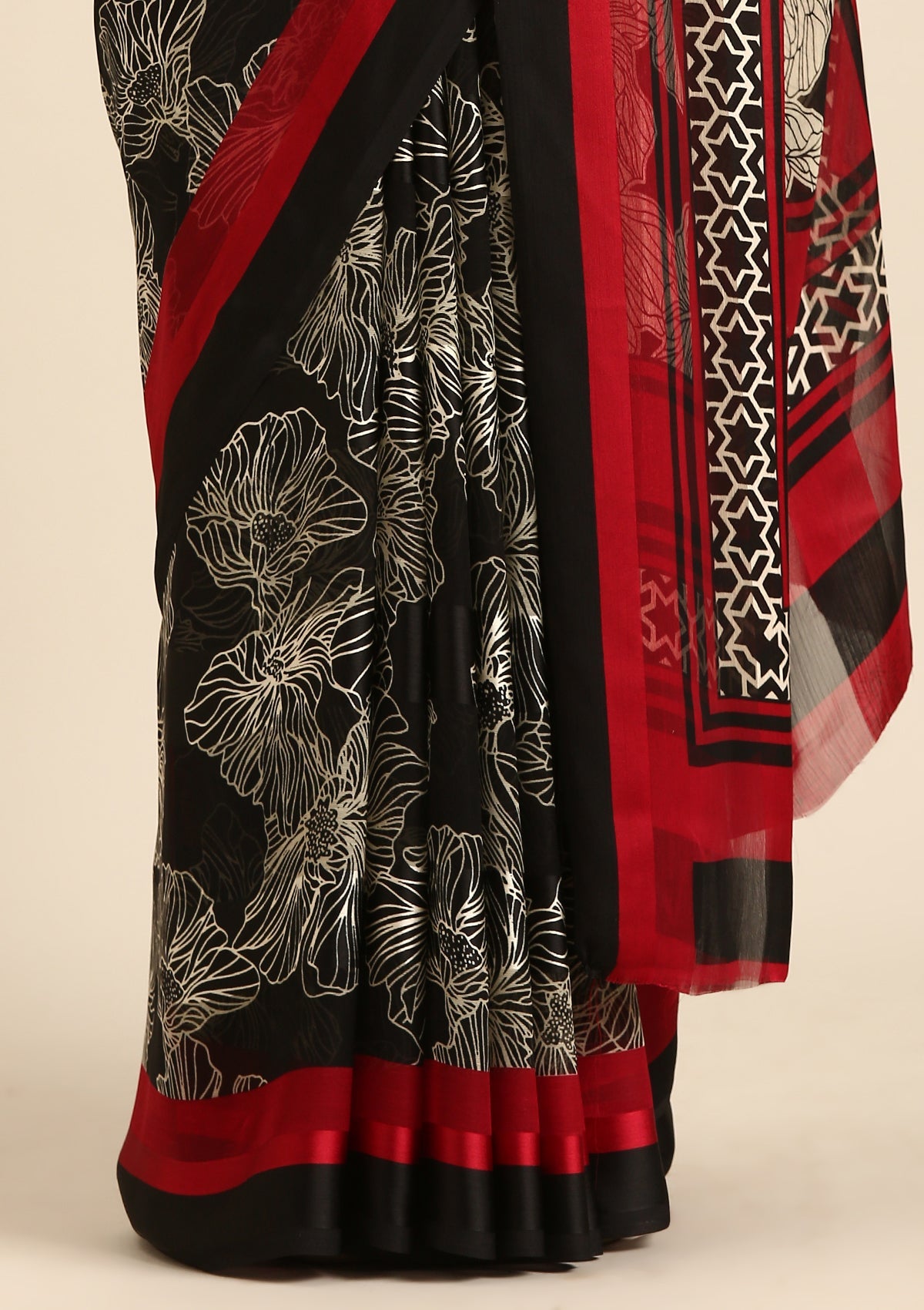 Black Abstract Floral Printed Chiffon Saree
