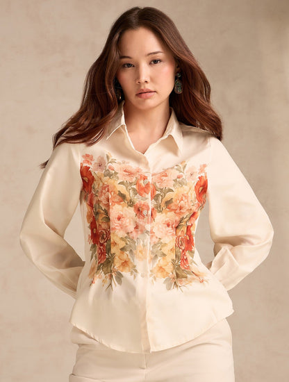 Off White Cinched Waist Printed Shirt