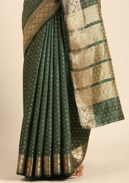 Dark Green Traditional Zari Butta Woven Tussar Saree