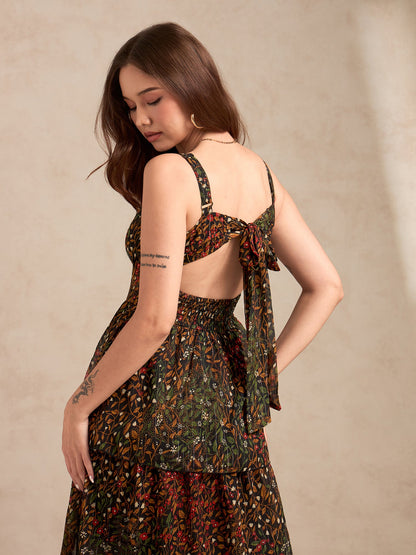 Multi Maxi Printed Tired Dress With Backless Look