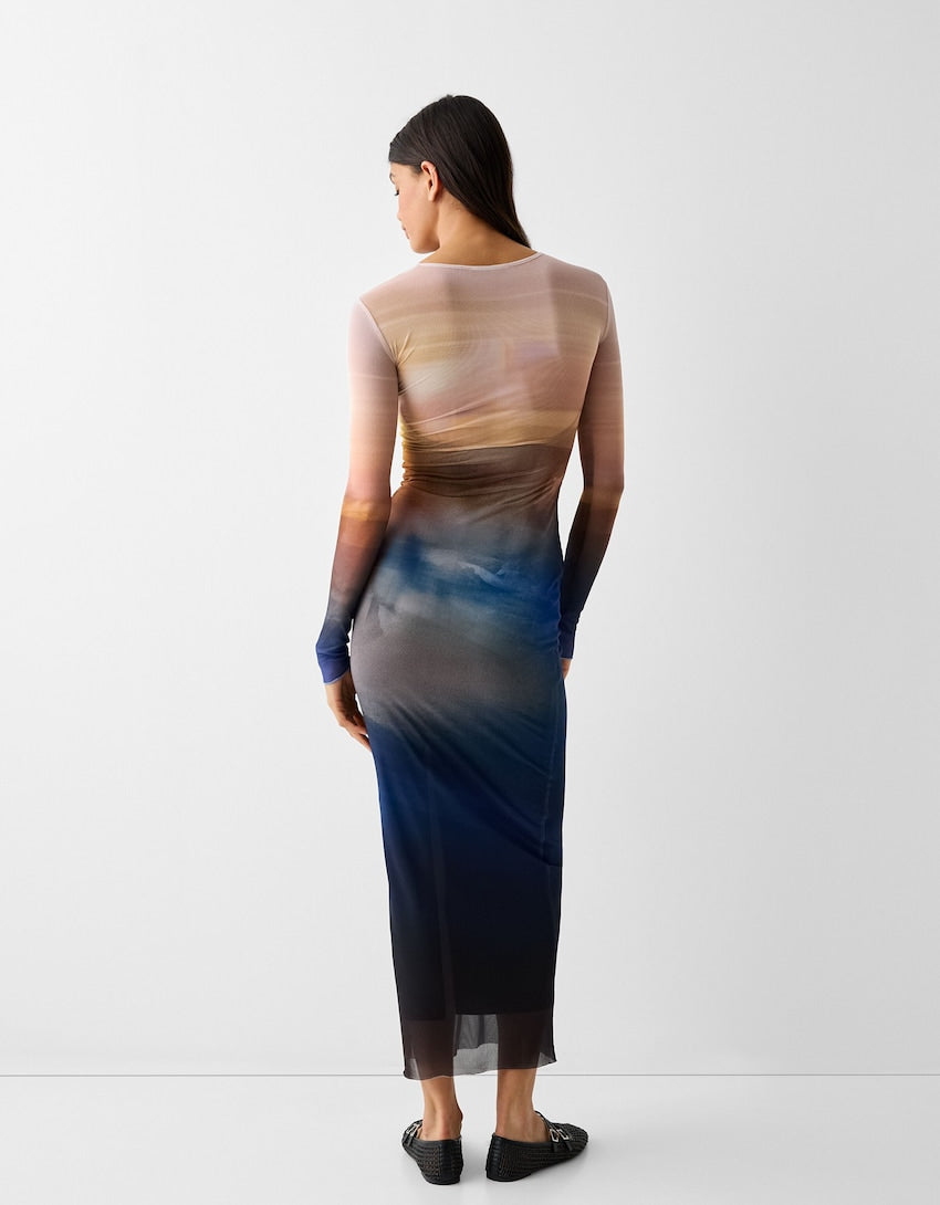 MWB Long Tulles Dress With Long Sleeve and Print