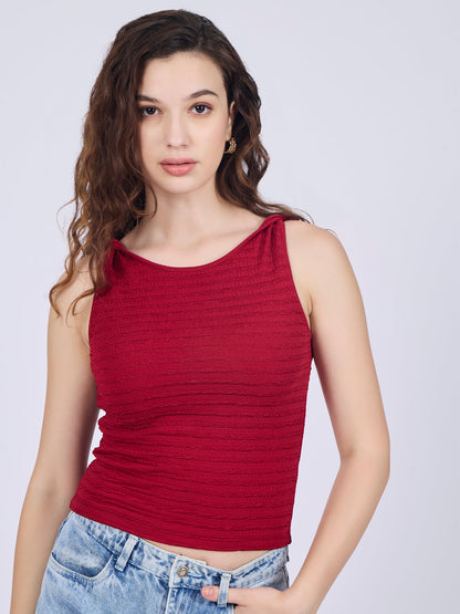 Maroon Textured Knit Halter Neck Tank Top