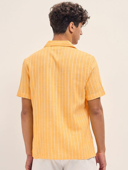 Striped Cuban Collar Relaxed Fit Linen Casual Shirt