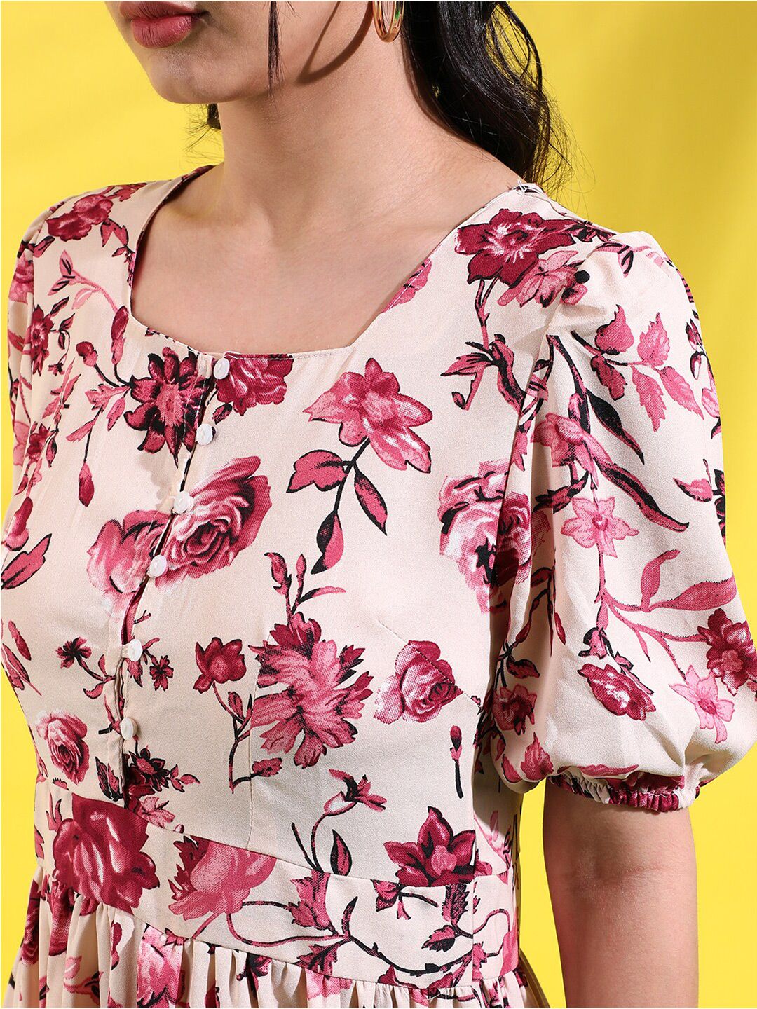 Beige Floral Printed Square Neck Puff Sleeves Tiered Fit & Flare Dress