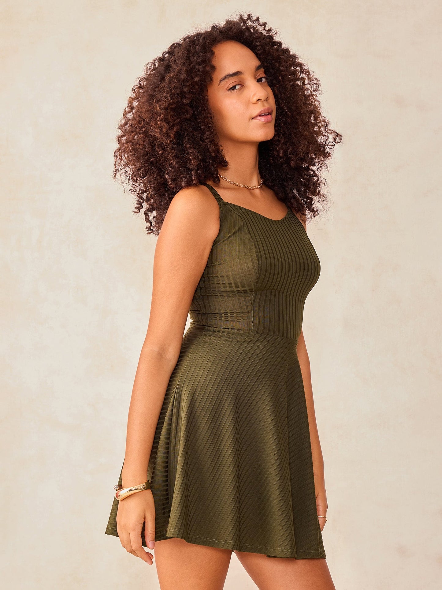 Olive Strappy Solid Skater Dress