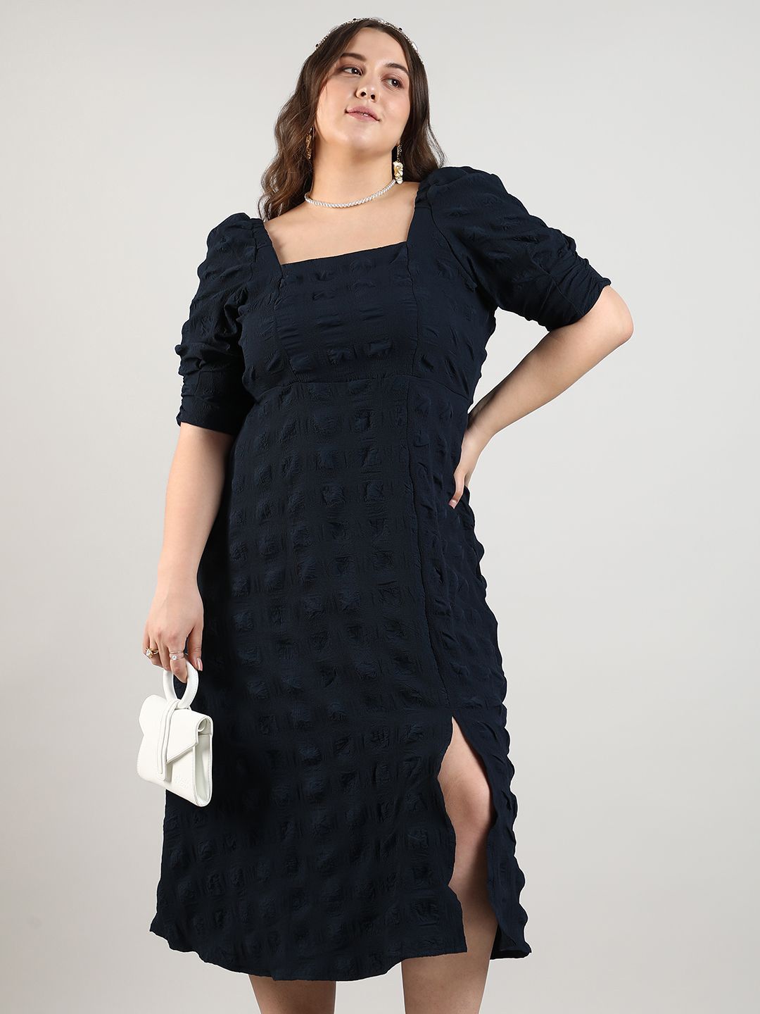 Plus Size Puff Sleeve Fit & Flare Midi Dress