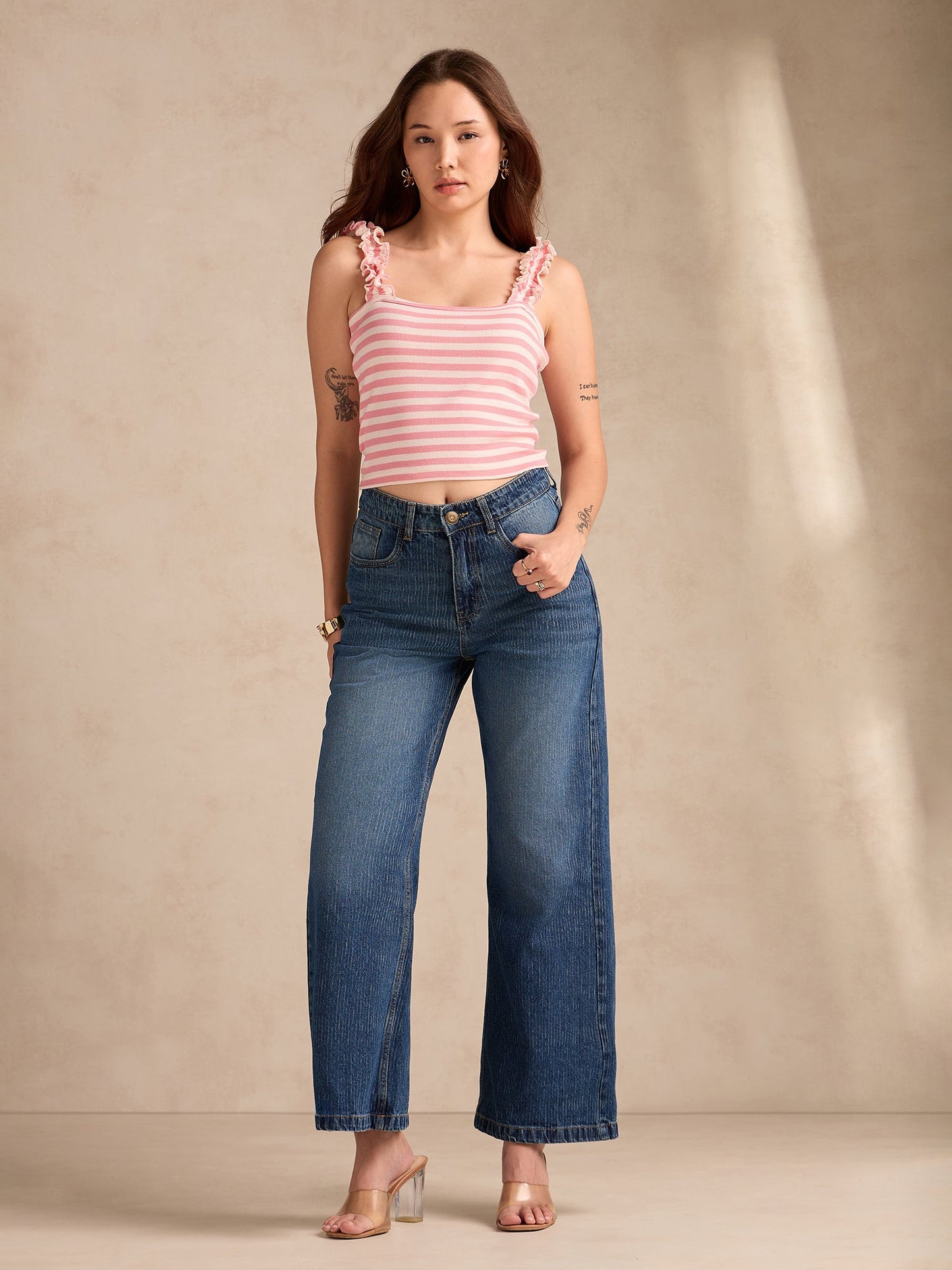 Pink Striped Rib Tank Top With Ruffle Straps