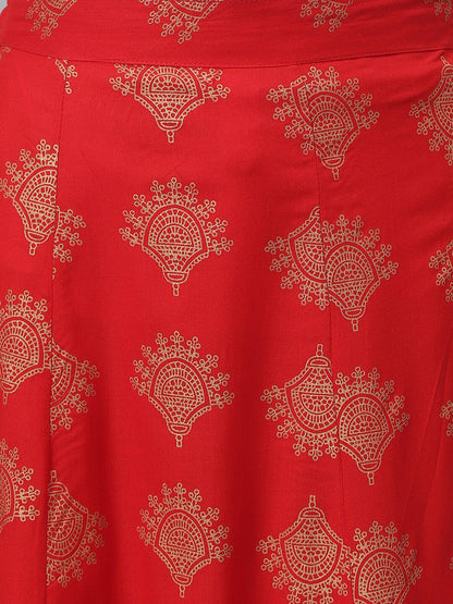 Women Off White & Red Printed Shirt with Skirt