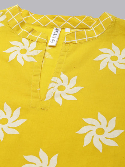 Women Yellow Straight Pure Cotton Kurta with Trousers & Dupatta