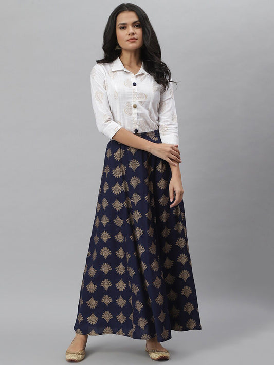 Women Off White & Navy Blue Printed Shirt with Skirt