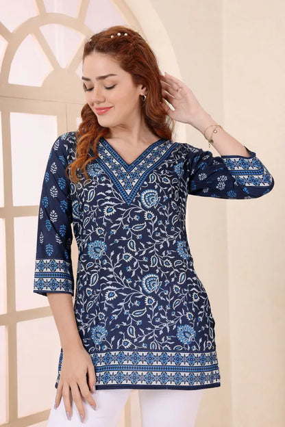 Indigo Cotton Short Kurti Tunic Top with Ethnic Motifs for Women