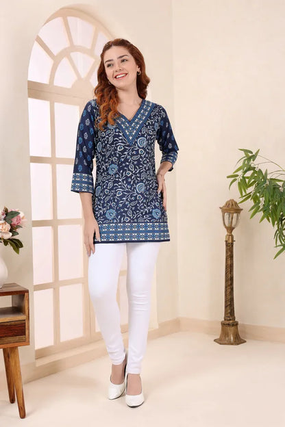 Indigo Cotton Short Kurti Tunic Top with Ethnic Motifs for Women